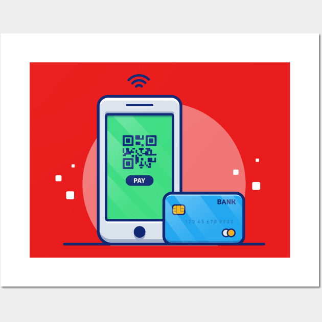 Handphone With payment Application Bar Code And Bank Card Cartoon Wall Art by Catalyst Labs